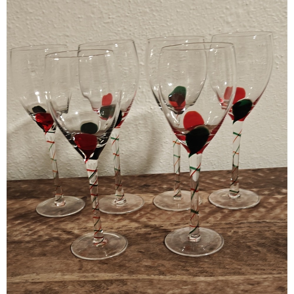 Pier 1‎ OPTIC RIBBON  Hand Blown Glass Wine Goblets Set Of 6 Christmas Red Green
